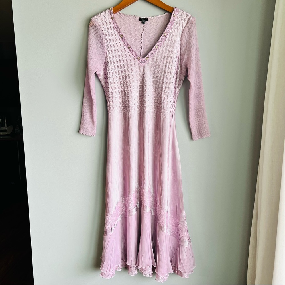 Komarov XL mauve long sleeve bedazzled v neck satin and chiffon hem midi dress